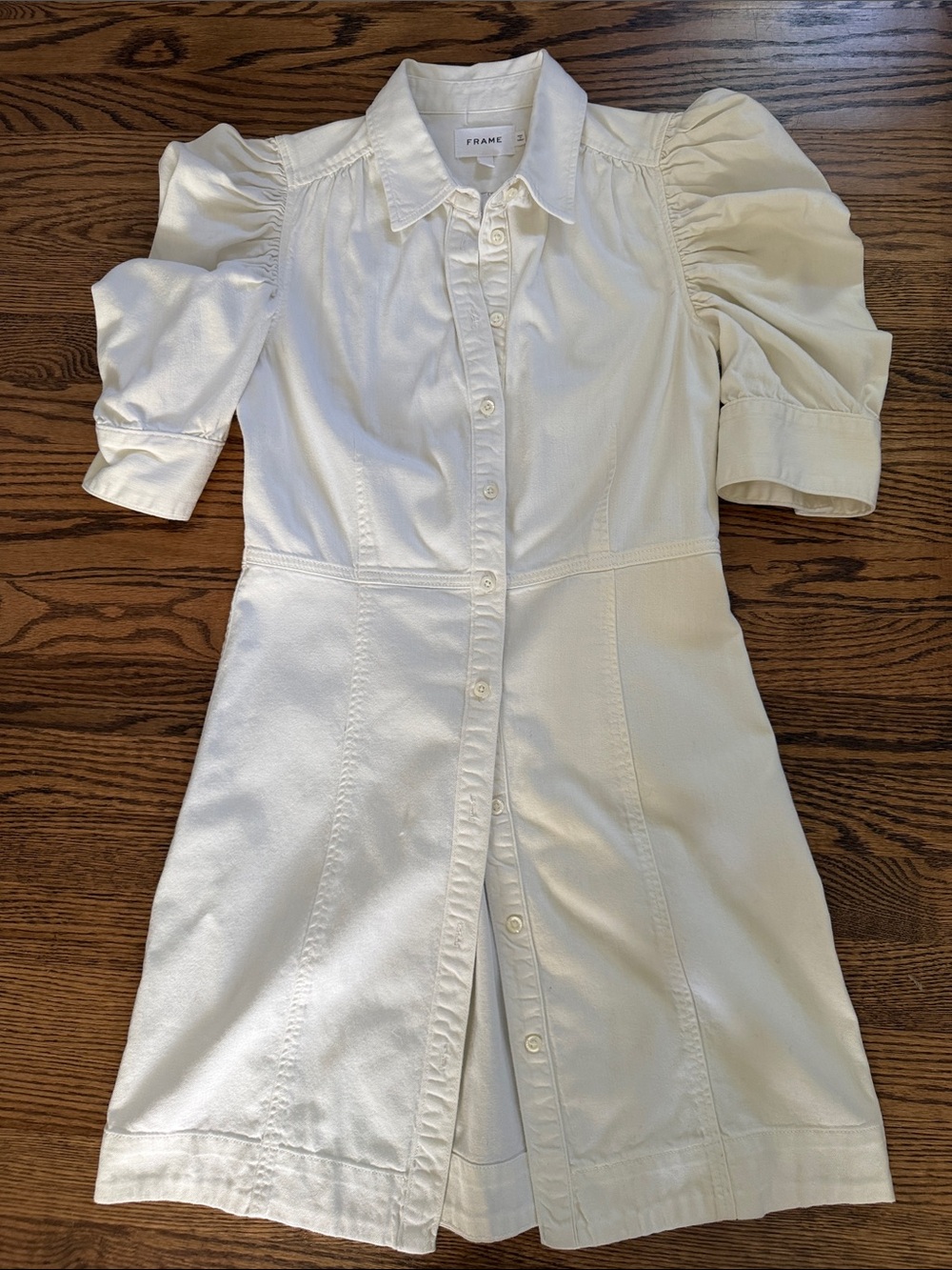 Frame Denim Ivory Button-Front Puff Sleeve Midi Dress